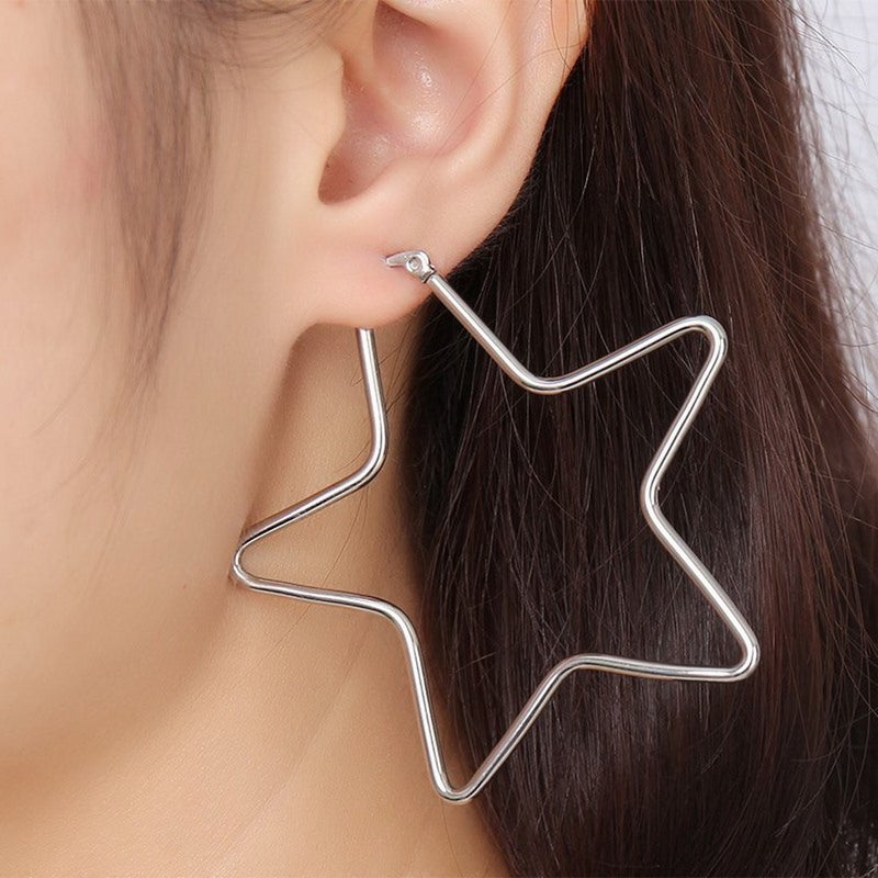 MengPa Hoop Earrings for Women Black Gold Plated Loops Drop Earring Fashion Jewelry (Star-Silver-56mm) G3333S - Image 3